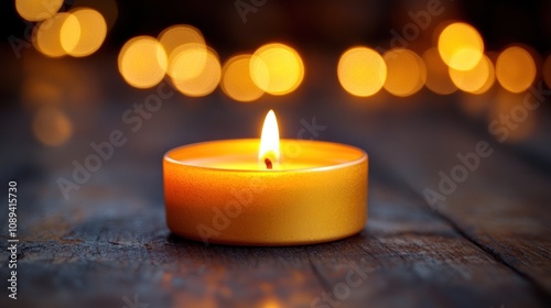 Lit candle on wooden surface with bokeh lights.