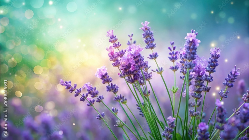 Obraz premium A Delicate Bouquet of Lavender Blossoms Adorned with Sparkling Dewdrops, Bathed in the Soft Glow of a Misty Summer Morning