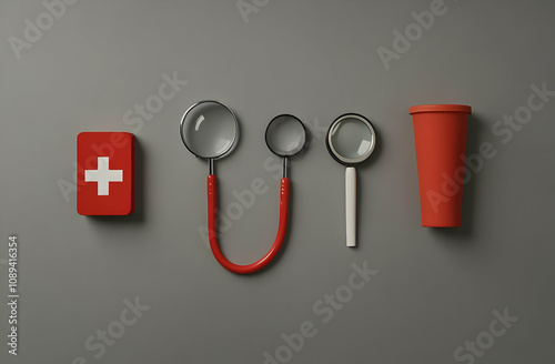 Red medical kit, stethoscope, magnifiers, and cup on grey background.