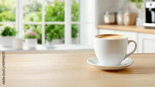 Coffee cup on wooden table with bright kitchen background, ideal for cozy lifestyle themes.