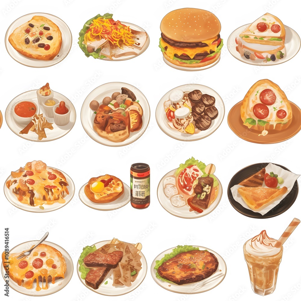 The image is a colorful and vibrant illustration featuring a variety of breakfast foods. The background is white, which makes the colorful foods pop out.,There are many different types of breakfast fo The image is a colorful and vibrant illustration featuring a variety of breakfast foods. The background is white, which makes the colorful foods pop out.,There are many different types of breakfast fo
