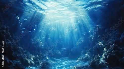Fototapeta Naklejka Na Ścianę i Meble -  A deep blue sea scene beneath, sunlit waters streaming above, fish swimming at the ocean floor