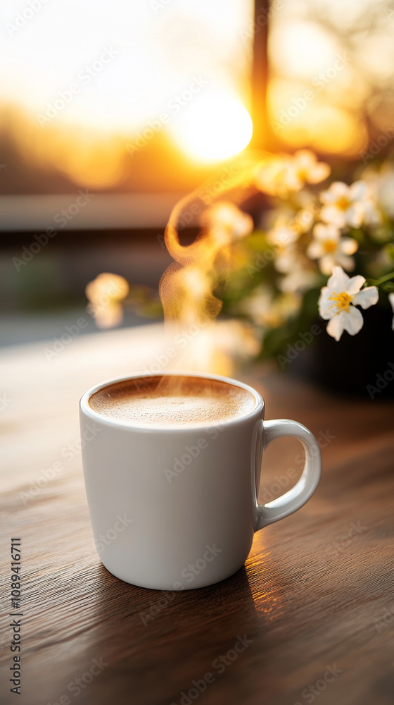 Obraz premium Coffee Sunrise: A steaming cup of coffee sits on a wooden table, bathed in the warm glow of a sunrise, creating a serene and inviting morning scene.