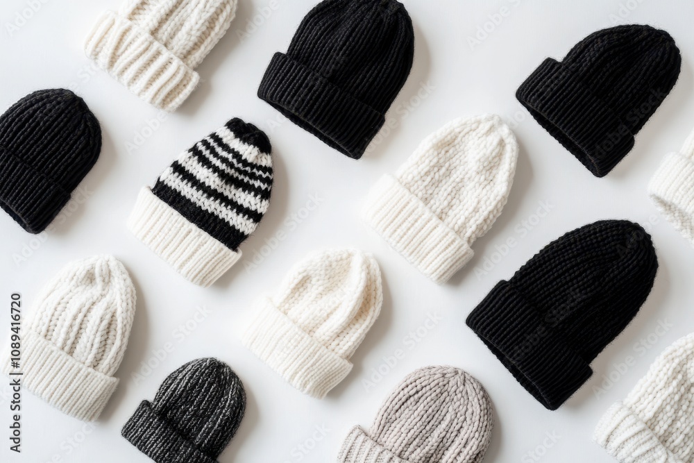 Black and white knit beanies arranged on a white background in various patterns, perfect for winter fashion, customizable design projects, and mockups for apparel and merchandise branding