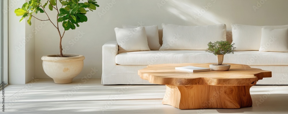 Modern living room with white sofa, wooden coffee table, and potted plant Modern living room with white sofa, wooden coffee table, and potted plant