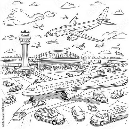 A busy airport with airplan...