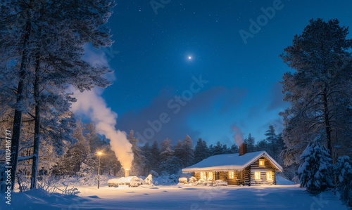 house in the forest at night with the moon in the sky in snowy weather
