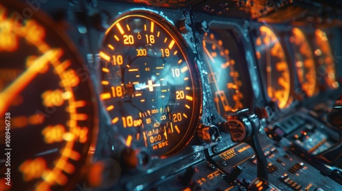 Close-up of illuminated aircraft instrument panel with gauges and controls.