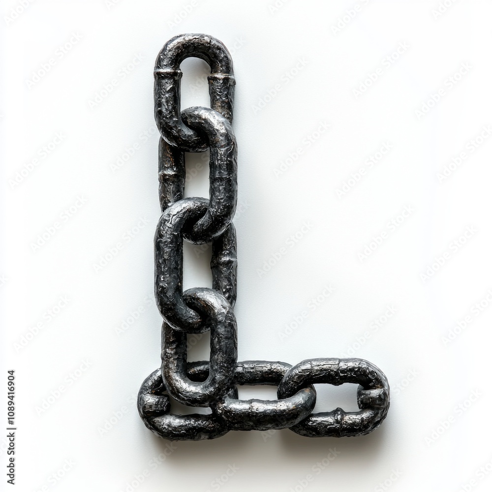 unique representation letter L formed using rough chain links standing white background suitable various creative and graphic design purposes. unique representation letter L formed using rough chain links standing white background suitable various creative and graphic design purposes.