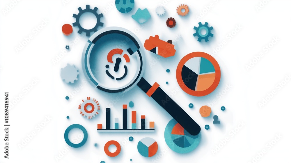 A colorful illustration featuring a magnifying glass over various data indicators and gears, symbolizing analysis and insight. A colorful illustration featuring a magnifying glass over various data indicators and gears, symbolizing analysis and insight.