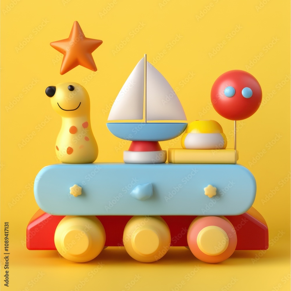 Fototapeta premium Colorful and Whimsical Toy Arrangement on a Yellow Background