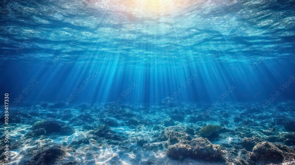 Obraz premium Underwater scene with sunrays shining through the surface of the ocean.