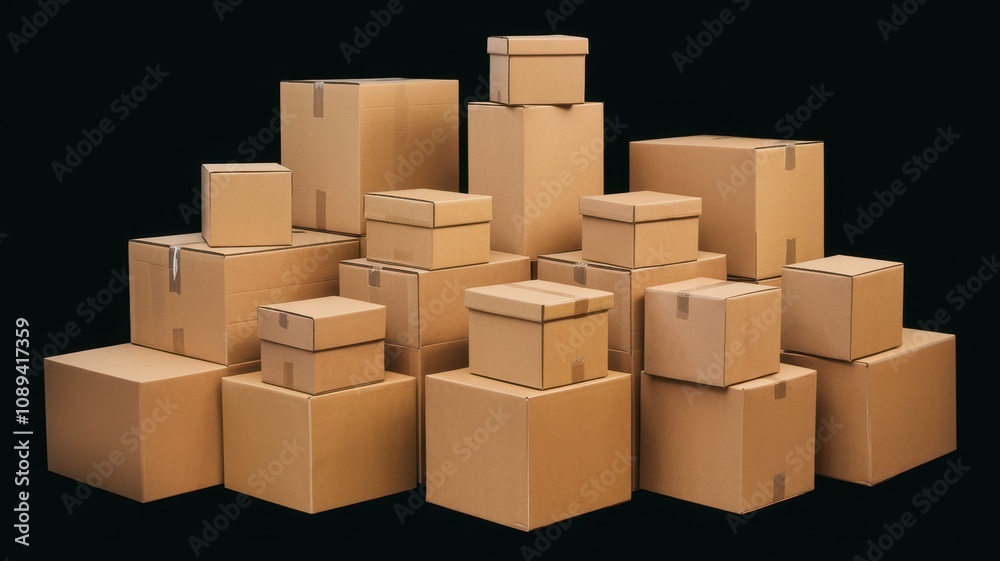 Stack of Cardboard Boxes in a Warehouse Setting with Dark Background Stack of Cardboard Boxes in a Warehouse Setting with Dark Background