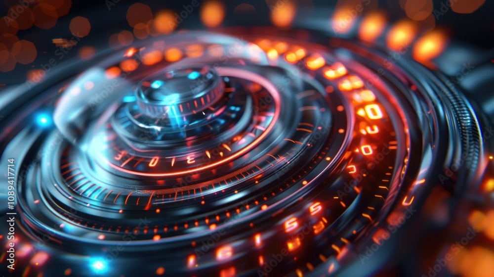 Futuristic rotating technological interface with glowing numbers and lights. Futuristic rotating technological interface with glowing numbers and lights.