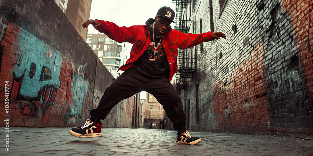 Fototapeta premium Young Black man practicing dance moves in empty alleyway, wearing hip hop clothes and sneakers.