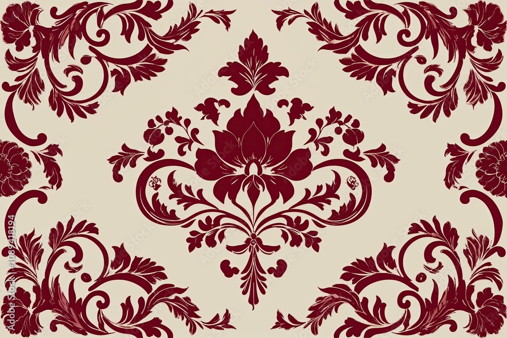 Elegant Renaissance Floral Scrolls: Timeless Ruby and Cream Decorative Layout Elegant Renaissance Floral Scrolls: Timeless Ruby and Cream Decorative Layout
