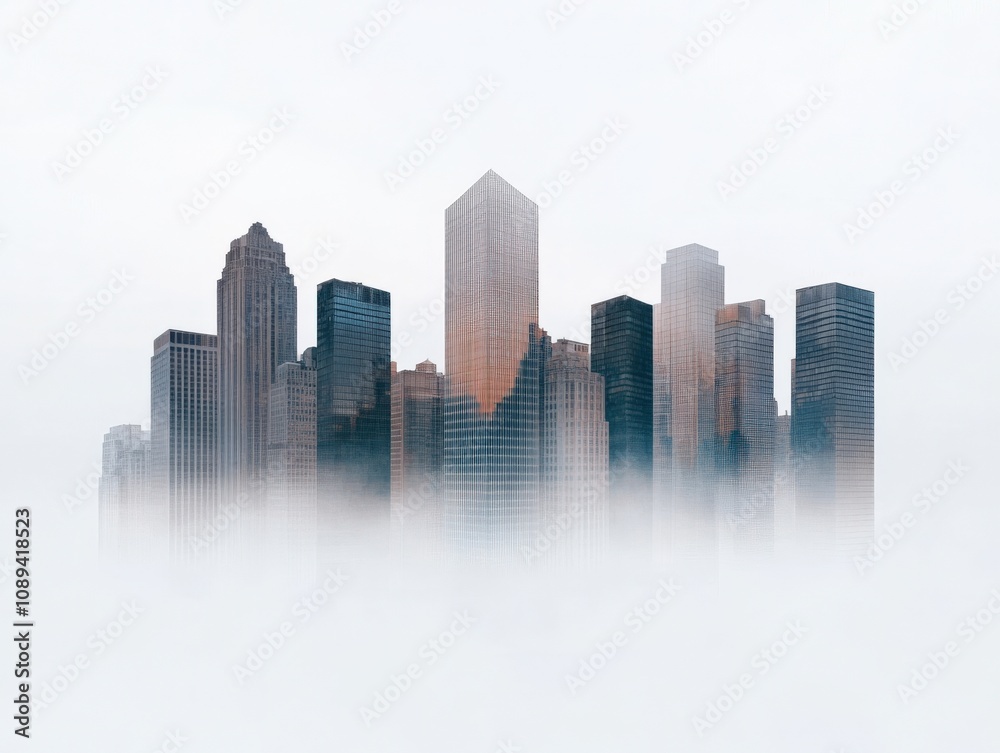 city skyline emerging from fog with modern architecture