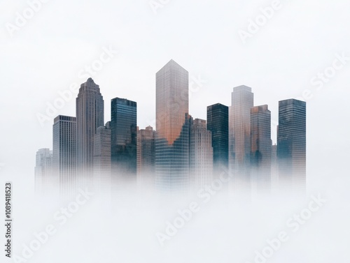 city skyline emerging from fog with modern architecture