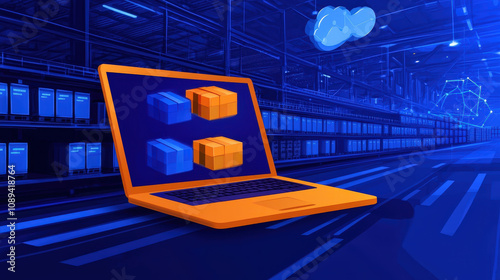 Innovative digital logistics concept with laptop displaying packages in warehouse. blue tones and cloud graphics enhance modern manufacturing theme photo