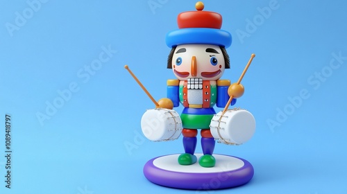 3D Wooden Nutcracker Drummer Boy with Drumsticks on Plain Background