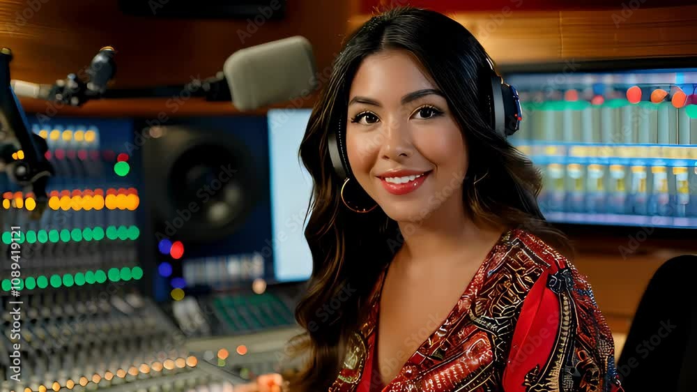 A smiling hispanic woman announcer in a vibrant radio studio with colorful sound equipment. She wears headphones and a patterned dress.