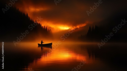 Serene Sunset Fishing: A Silhouette on the Calm Lake