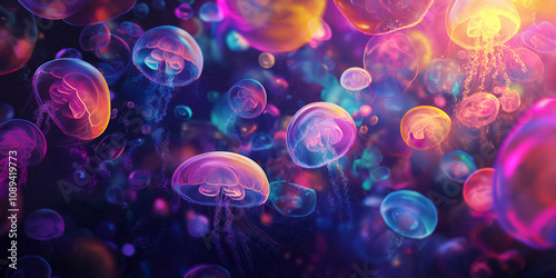 Graphic background with glowing jellyfishes. Under. water wallpaper.