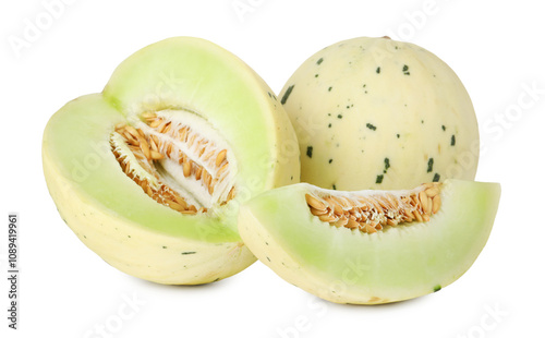 Whole and cut fresh ripe melons isolated on white
