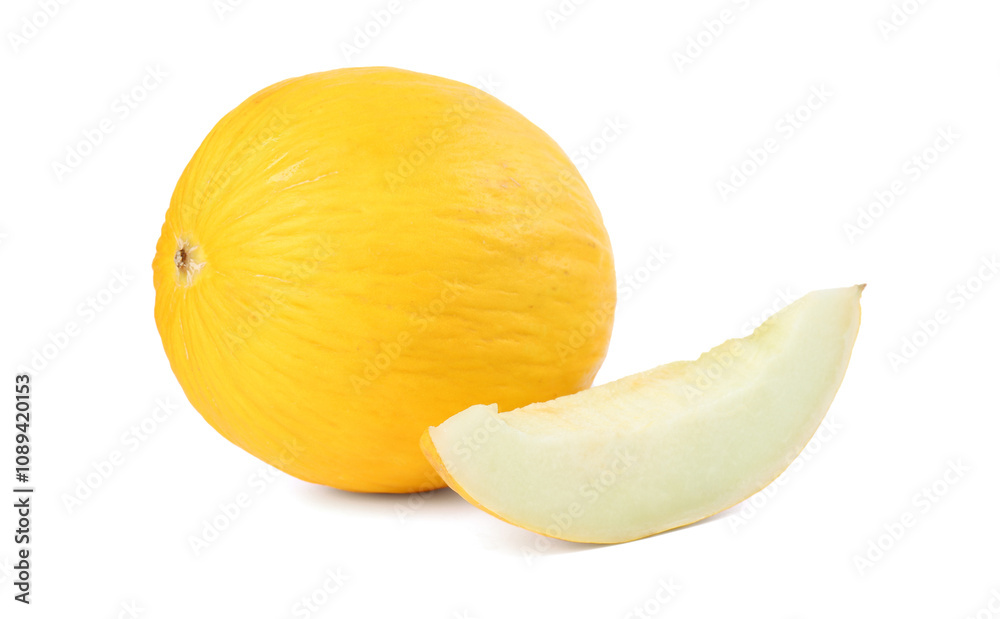 Whole and cut ripe melons isolated on white Whole and cut ripe melons isolated on white