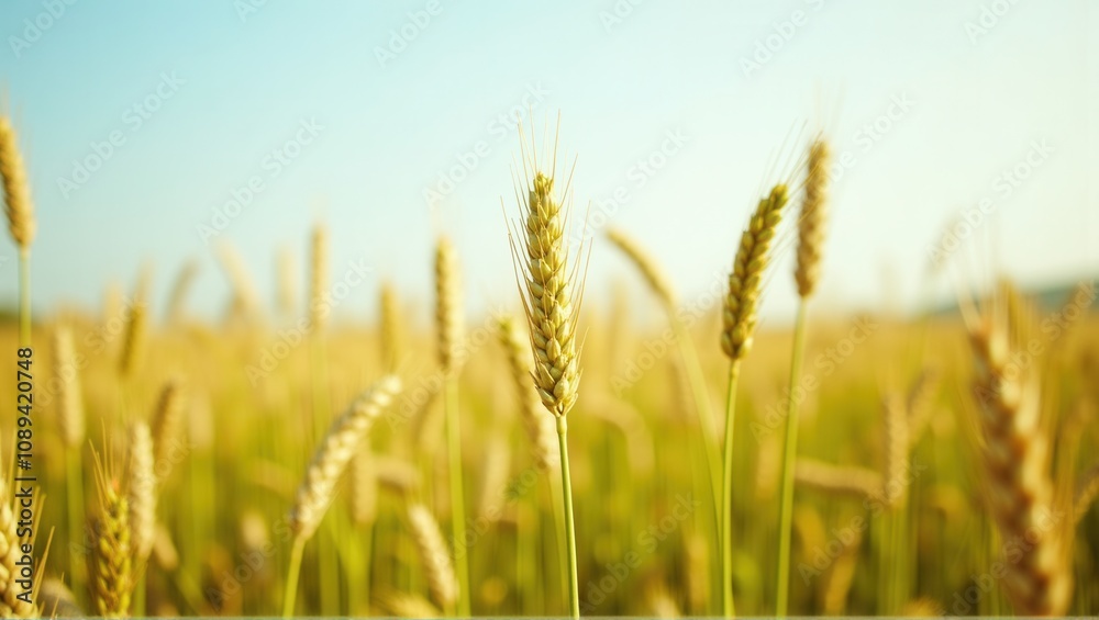 Golden wheat field under blue sky, one ear in focus, agriculture, harvest season, serene nature. Generative, AI, Golden wheat field under blue sky, one ear in focus, agriculture, harvest season, serene nature. Generative, AI,