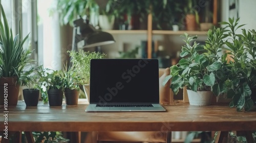 Home office setup with laptop and indoor plants cozy space nature-inspired environment minimalist design for productivity