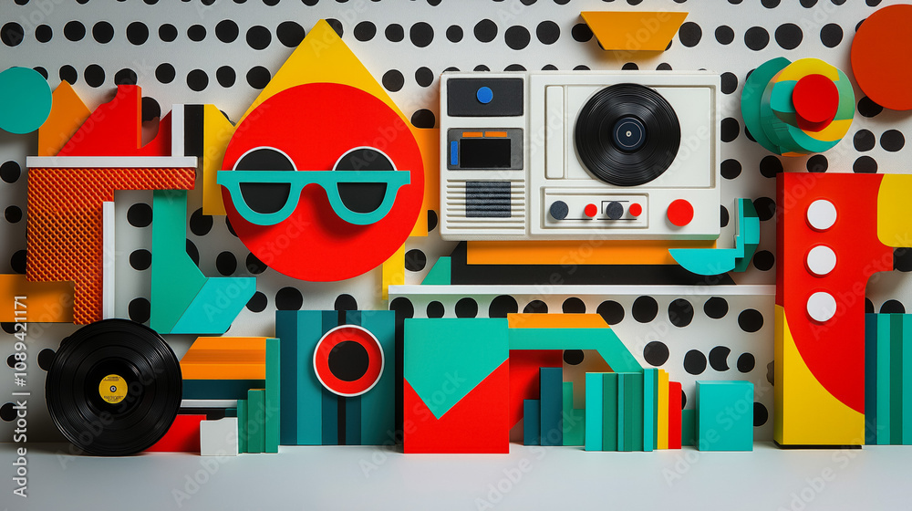Obraz premium Funky Smartphone Wallpaper Displaying Iconic 80s Items Like Boomboxes, Vinyl Records, And Colorful Sunglasses, Against A Backdrop Of Stripes And Polka Dots