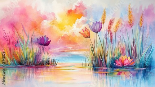 Vibrant Lotus Blossoms Reflecting in Serene Waters Under a Colorful Sunset