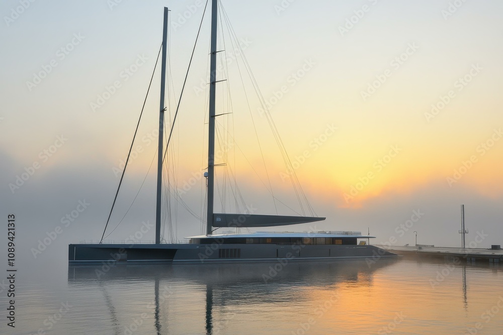 Stunning Luxury Yacht Docked at Sunrise Amidst Misty Waters Stunning Luxury Yacht Docked at Sunrise Amidst Misty Waters