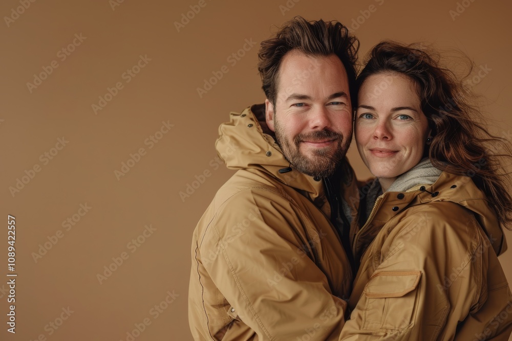 Portrait of a content caucasian couple in their 30s wearing a lightweight packable anorak over soft brown background Portrait of a content caucasian couple in their 30s wearing a lightweight packable anorak over soft brown background