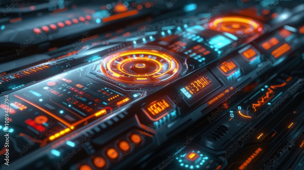 Futuristic digital interface with glowing orange and blue elements. Futuristic digital interface with glowing orange and blue elements.