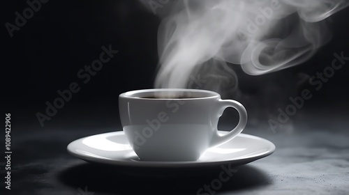 Steaming Coffee In A White Cup And Saucer