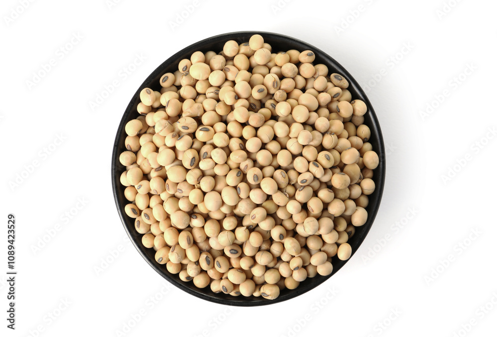 Soy beans in bowl isolated on white, top view Soy beans in bowl isolated on white, top view