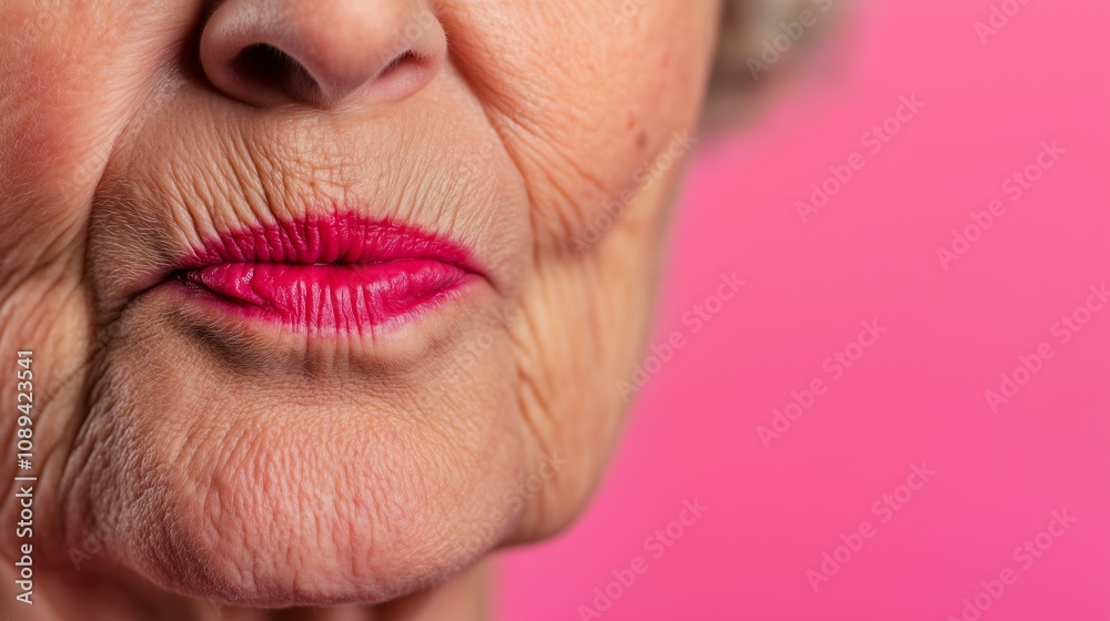 Obraz premium Close-up of an elderly woman’s lips with pink lipstick on a vibrant pink background