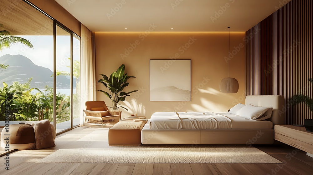 Fototapeta premium Elegant and Cozy Modern Bedroom Interior Design with Stylish Decor, mockup, poster and Background