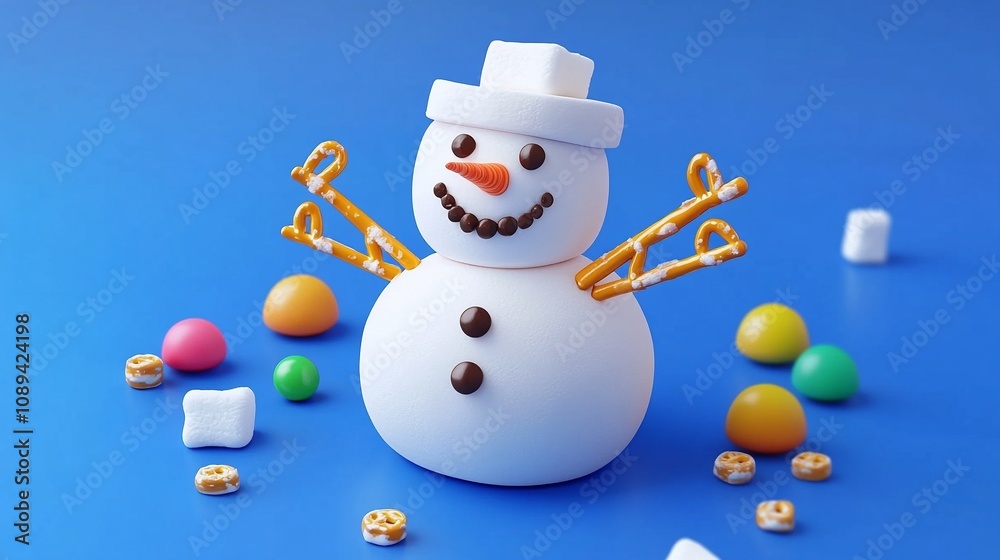 Cute Marshmallow Snowman with Pretzel Arms and Chocolate Chip Smile