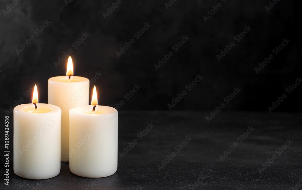 Three lit white candles on a dark background, creating a serene ambiance. Three lit white candles on a dark background, creating a serene ambiance.