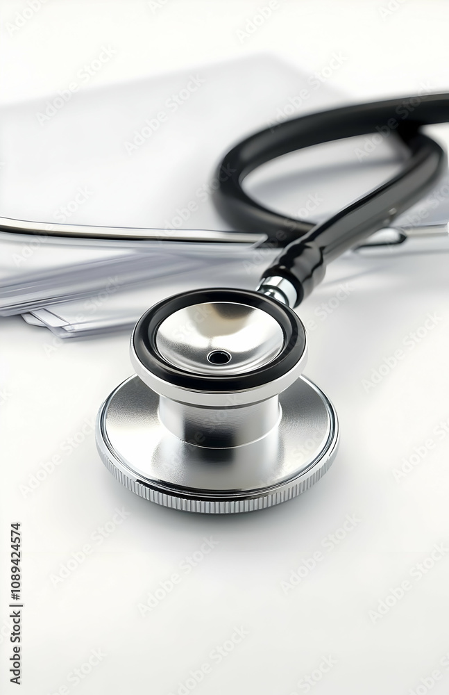 Close-up of a silver stethoscope on white papers, suggesting medical examination or healthcare. Close-up of a silver stethoscope on white papers, suggesting medical examination or healthcare.
