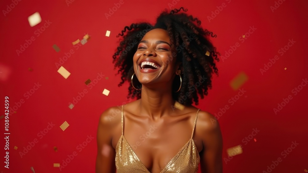 Naklejka premium Holiday and party, Christmas, New Year, birthday concept: beautiful young woman in evening dress standing under confetti on red background