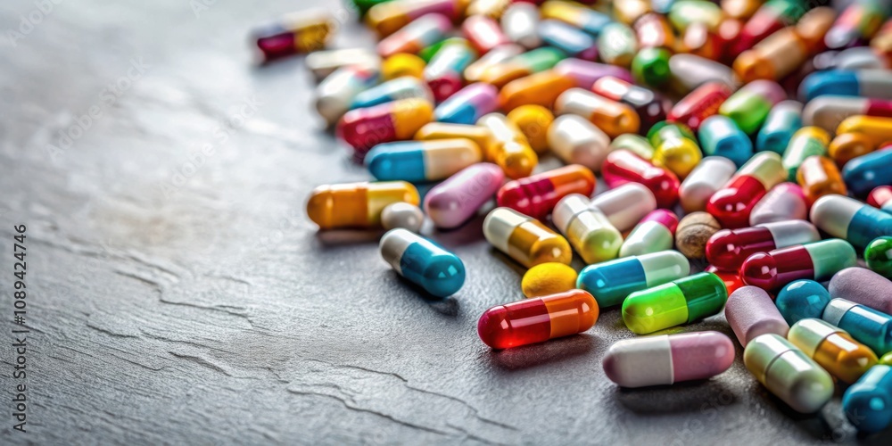A vibrant collection of colorful capsules scattered on a textured gray surface, representing the diverse range of medications available for various ailments. A vibrant collection of colorful capsules scattered on a textured gray surface, representing the diverse range of medications available for various ailments.