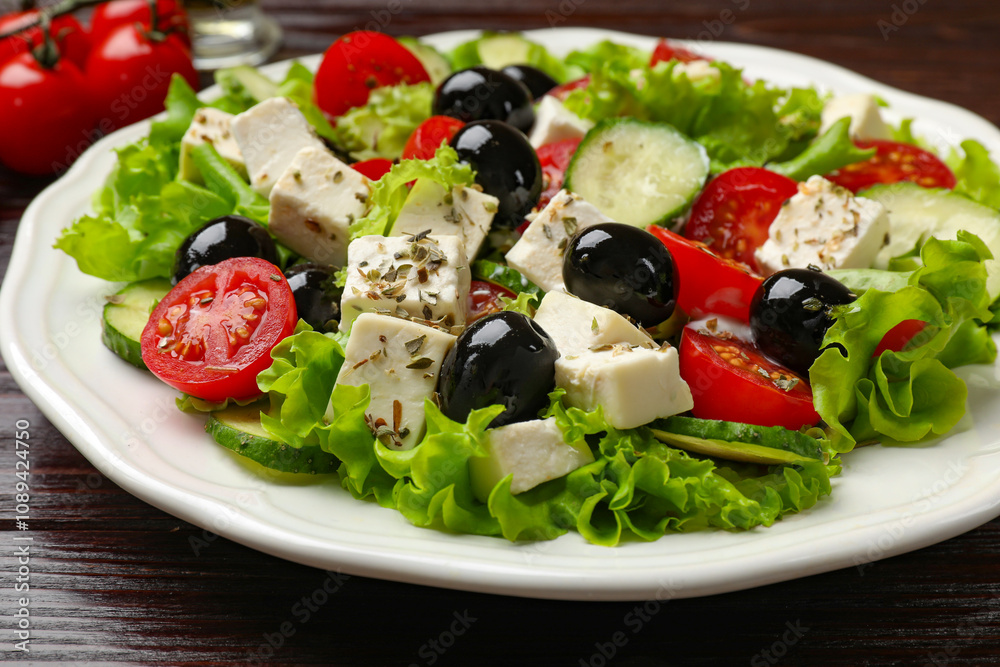 Delicious salad with feta cheese on wooden table, closeup Delicious salad with feta cheese on wooden table, closeup