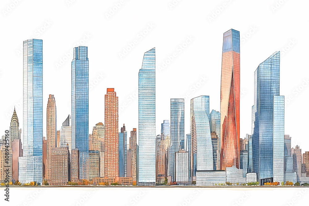 Modern City Skyline Illustration Featuring Iconic Skyscrapers with Reflections and Bright Colors in a Vibrant Urban Landscape Modern City Skyline Illustration Featuring Iconic Skyscrapers with Reflections and Bright Colors in a Vibrant Urban Landscape