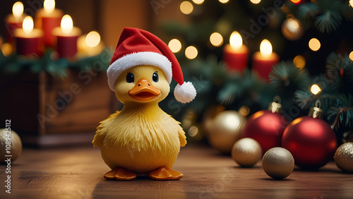 Close up of a Cute Duckling wearing a Santa Claus hat on a table with Christmas attributes around it