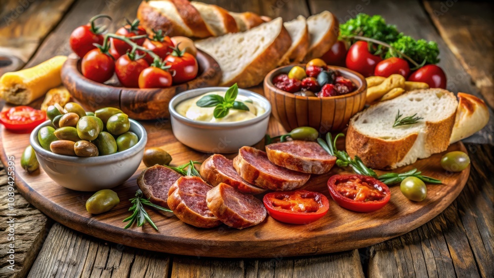 A Rustic Wooden Board Laden with Savory Delights Sliced Bread, Salami, Olives, and Cherry Tomatoes, an Appetizing Feast for the Senses A Rustic Wooden Board Laden with Savory Delights Sliced Bread, Salami, Olives, and Cherry Tomatoes, an Appetizing Feast for the Senses
