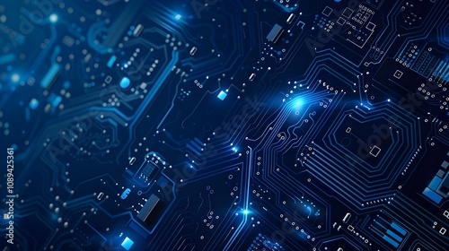 Vector abstract circuit board illustration depicting high-tech computer, engineering, science, and information technology elements on a dark blue background. 